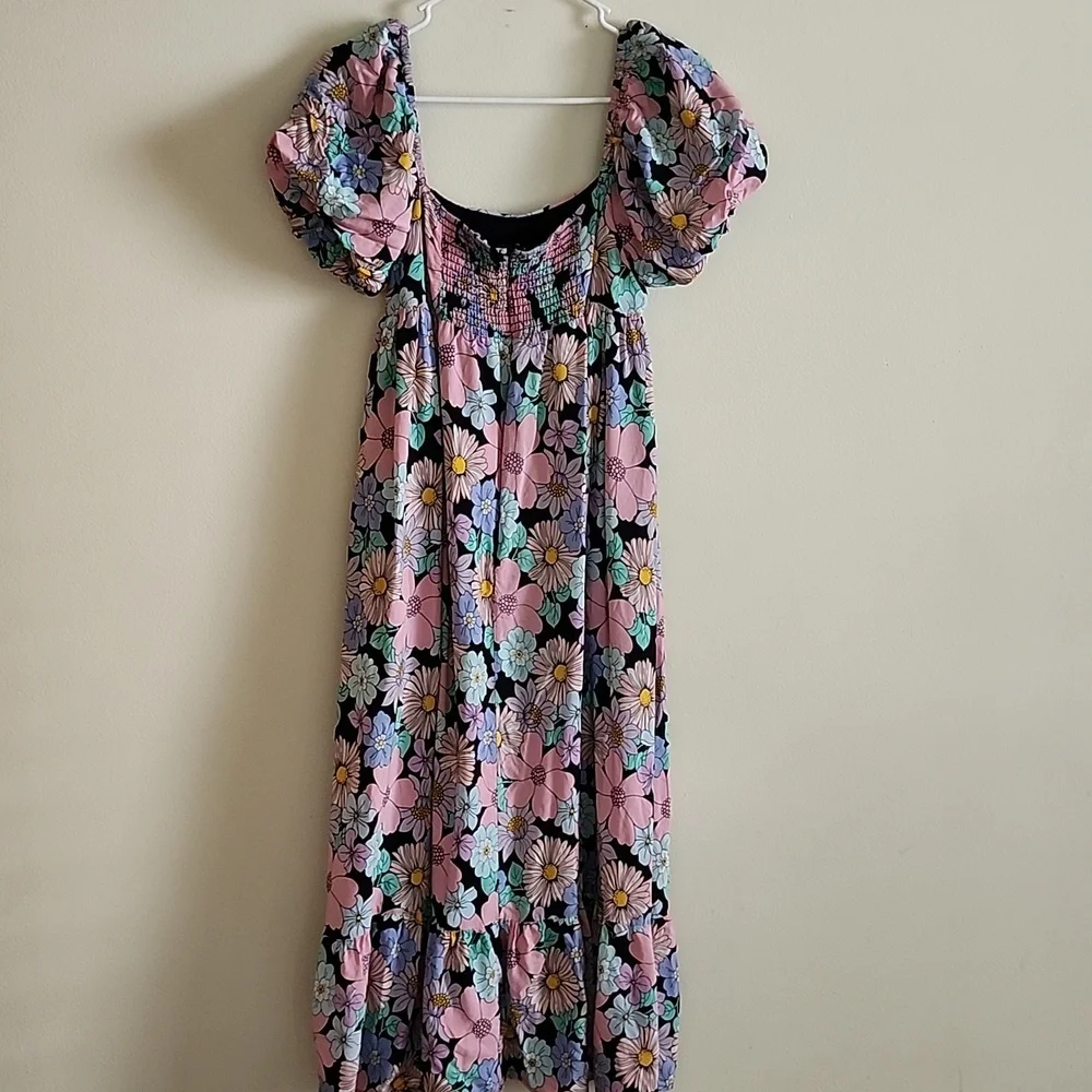 Storia Multicolor Floral Princess Midi Dress Empire Waist Smocked Back Medium